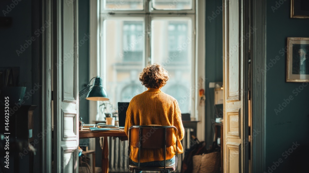 Fototapeta premium Person Working Alone at a Desk in a Quiet Room With Natural Light From Large Windows During Daytime