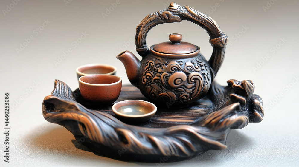 Close-up of a netsuke of a tiny tea set, complete with kettle and cups.