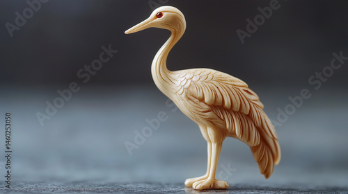 Macro shot of a netsuke depicting a crane standing on one leg.