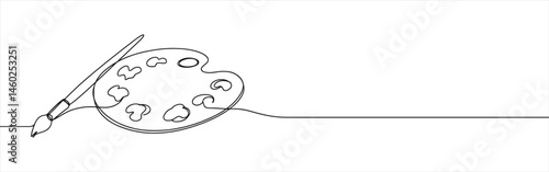 Palette and paint brush continuous one line drawing. Paintbrush symbol.