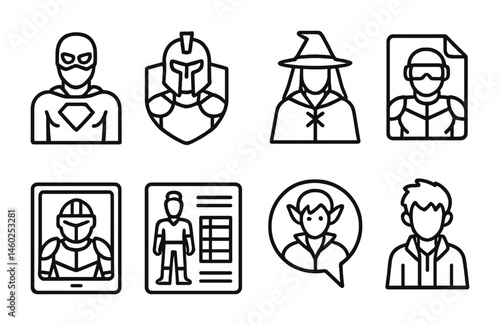 Line style icons of character skins: superhero skin icon, warrior outfit badge, fantasy attire tag, sci-fi costume file, battle armor board, skin design chart, fantasy look bubble, game character