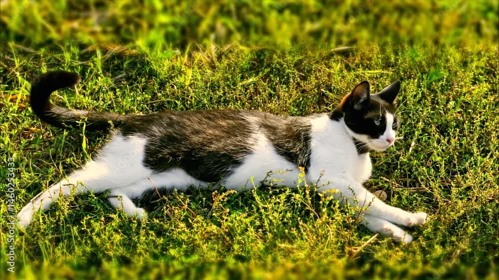 Black and white cat lying on a patch of green grass,with its bright green eyes looking directly at the camera. Black and white cat lying on a patch of green grass,with its bright green eyes looking directly at the camera.