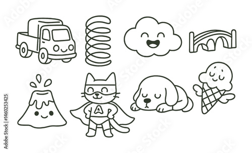 Line style icons of cartoons: cartoon truck, bouncy spring, laughing cloud, cartoon bridge, tiny volcano, superhero cat, sleepy dog, flying ice cream.