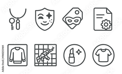 Line style icons of skin items: accessories icon, face paint badge, mask tag, special gear file, outfit element board, weapon skin chart, cosmetic accessory bubble, wearable item symbol.
