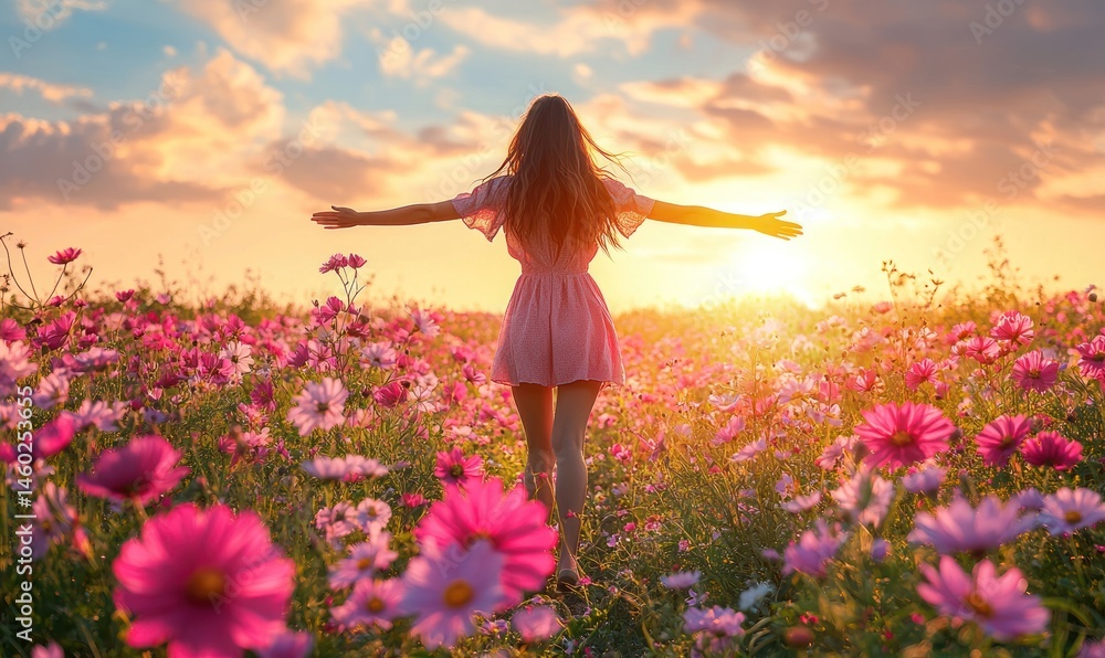 Woman in pink dress walking through a field of cosmos flowers at sunset. Peaceful and serene scene Woman in pink dress walking through a field of cosmos flowers at sunset. Peaceful and serene scene