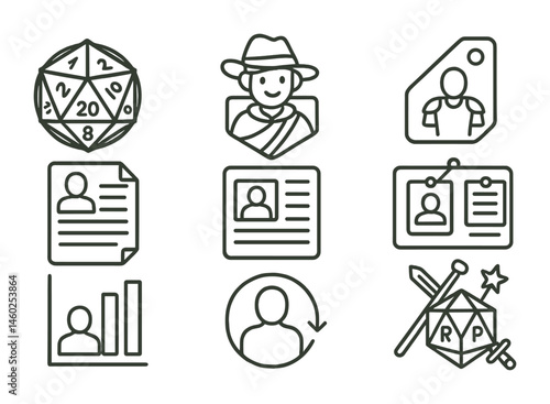 Line style icons of role-playing game characters: RPG icon, adventurer badge, quest tag, character sheet file, character backstory board, stats chart, character progression bubble, role-playing