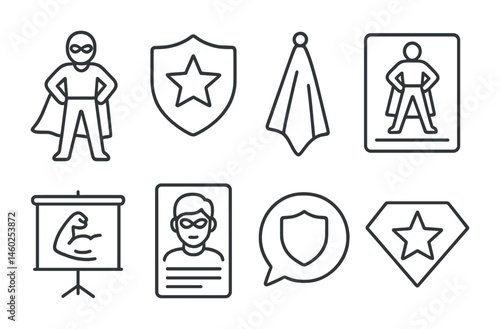 Line style icons of hero characters: superhero icon, mask badge, cape tag, heroic stance file, strength board, heroic traits chart, shield bubble, heroism symbol.