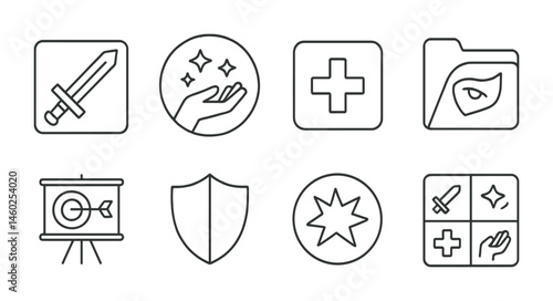 Line style icons of character skills: combat skill icon, magic ability badge, healing power tag, stealth skill file, ranged attack board, defense chart, special power bubble, character abilities