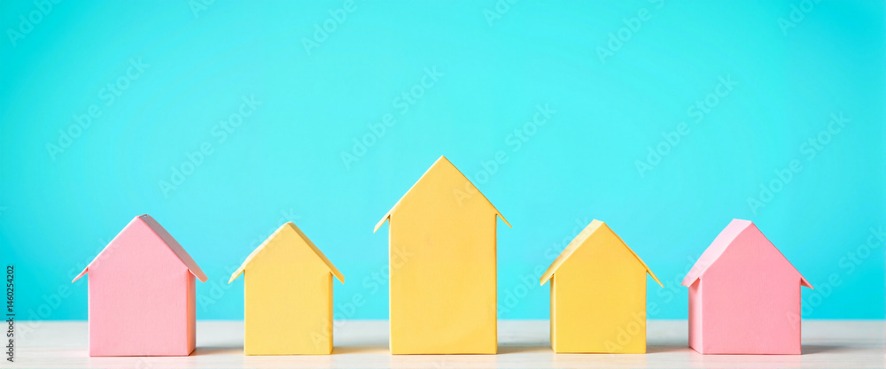 Fototapeta premium Colorful paper houses on blue background with copy space 