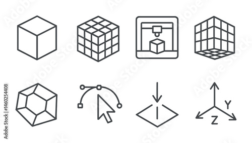 Line style icons of 3D: 3D cube, 3D grid, perspective view, 3D printer, wireframe shape, modeling tool, depth arrow, X/Y/Z axes.