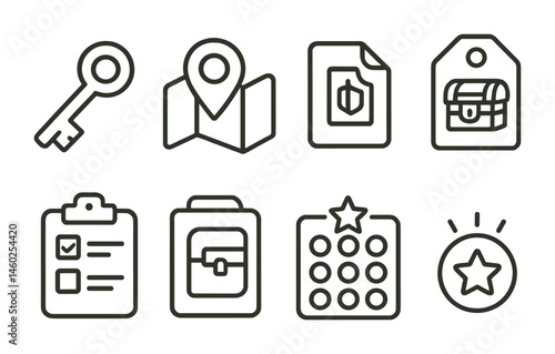 Line style icons of quest items: key icon, map badge, treasure chest tag, quest artifact file, item list board, collectible chart, quest reward bubble, item discovery symbol.