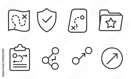 Line style icons of quest progression: quest path icon, checkpoint badge, mission progress tag, level-up file, quest tracker board, step-by-step chart, progression bubble, advancing symbol.