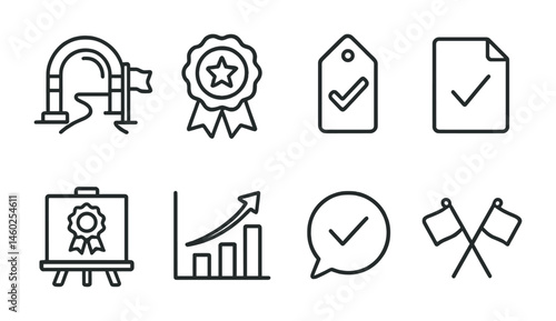 Line style icons of quest completions: end of quest icon, reward badge, task finished tag, final check file, reward ceremony board, last step chart, completed task bubble, quest end symbol.