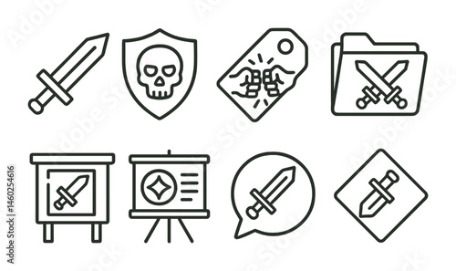 Line style icons of action quests: combat icon, enemy badge, fight challenge tag, battle file, action board, mission objective chart, combat bubble, quest action symbol.