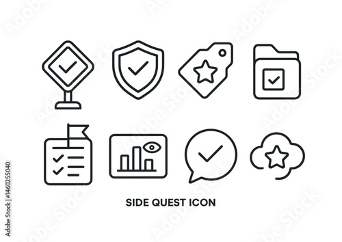 Line style icons of side quests: optional mission icon, side task badge, bonus reward tag, sub-quest file, additional challenge board, hidden objective chart, extra task bubble, bonus quest symbol.