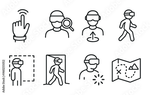 Line style icons of VR: hand gesture VR control, VR zoom tool, VR teleport tool, walking in place VR icon, room boundary warning, VR exit portal, VR loading wheel, VR adventure map.
