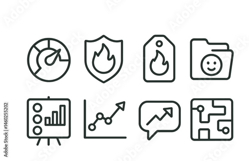 Line style icons of quest difficulty: difficulty level icon, challenge badge, hard mode tag, easy mode file, difficulty scale board, game difficulty chart, challenge rating bubble, quest complexity