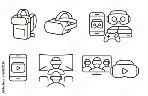 Line style icons of VR: VR backpack PC, standalone VR headset, mobile VR viewer, VR gaming console, VR streaming app, VR spectator mode, VR conference call, VR video playback.