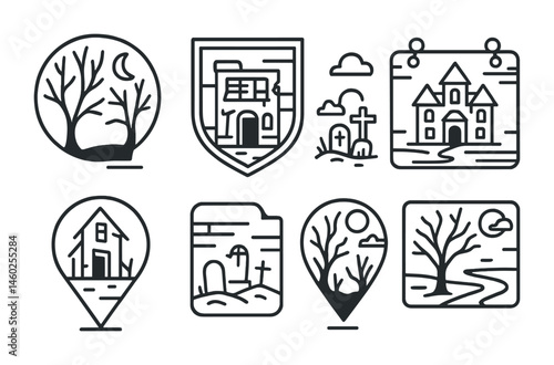 Line style icons of horror settings: dark forest icon, abandoned building badge, creepy basement tag, graveyard file, spooky mansion board, haunted grave chart, eerie location bubble, scary