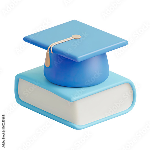 Blue graduation cap resting on a light blue book icon 3d cute study white on transparent background