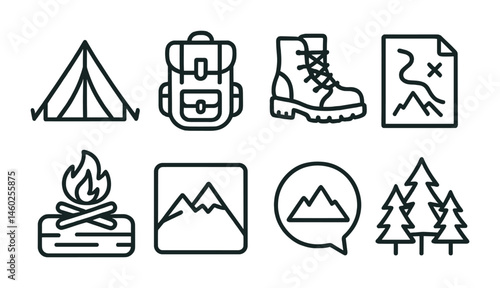 Line style icons of outdoor survival: tent icon, backpack badge, hiking boots tag, survival map file, campfire board, mountain chart, adventure bubble, wilderness symbol.