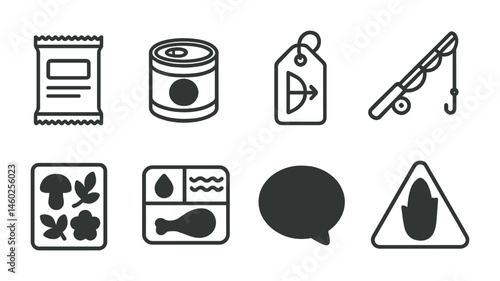 Line style icons of food for survival: ration icon, canned food badge, hunting gear tag, fishing rod file, wild edibles board, emergency meal chart, protein source bubble, survival food symbol.