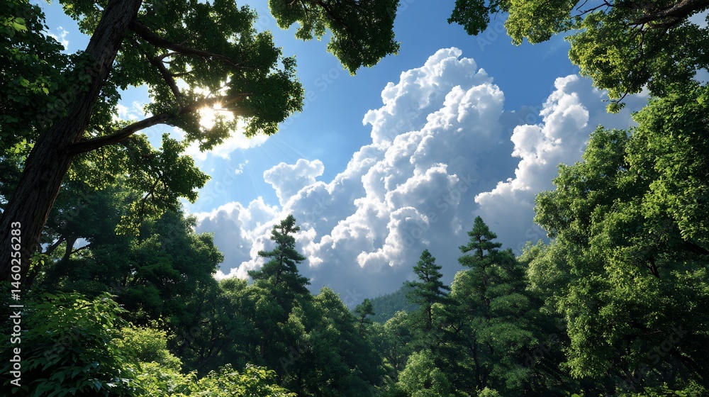 Obraz premium Forest canopy frames vast cumulus sky