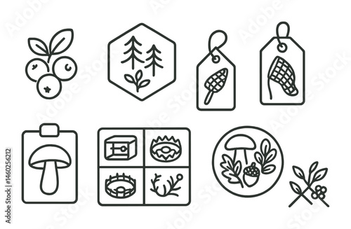 Line style icons of hunting and gathering: wild berries icon, foraging badge, fishing net tag, trapping kit file, mushroom hunting board, animal traps chart, nature’s harvest bubble, gathering symbol