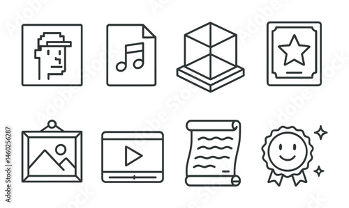 Line style icons of NFT: pixel art icon, NFT music file, 3D NFT model, rare NFT card, NFT photography frame, NFT video clip, NFT poem scroll, animated NFT badge.