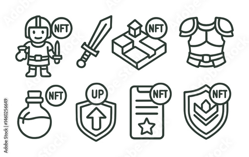 Line style icons of NFT: NFT game character, weapon NFT, NFT land plot, NFT armor piece, in-game NFT item, level-up NFT badge, NFT battle pass, NFT guild emblem.