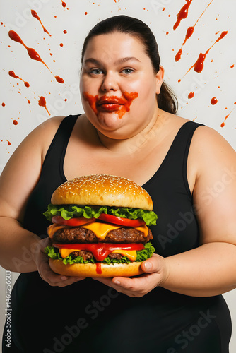 Happy plus size female model Holding Giant Cheeseburger with Ketchup Mess on Face – Fun Food Portrait, white background