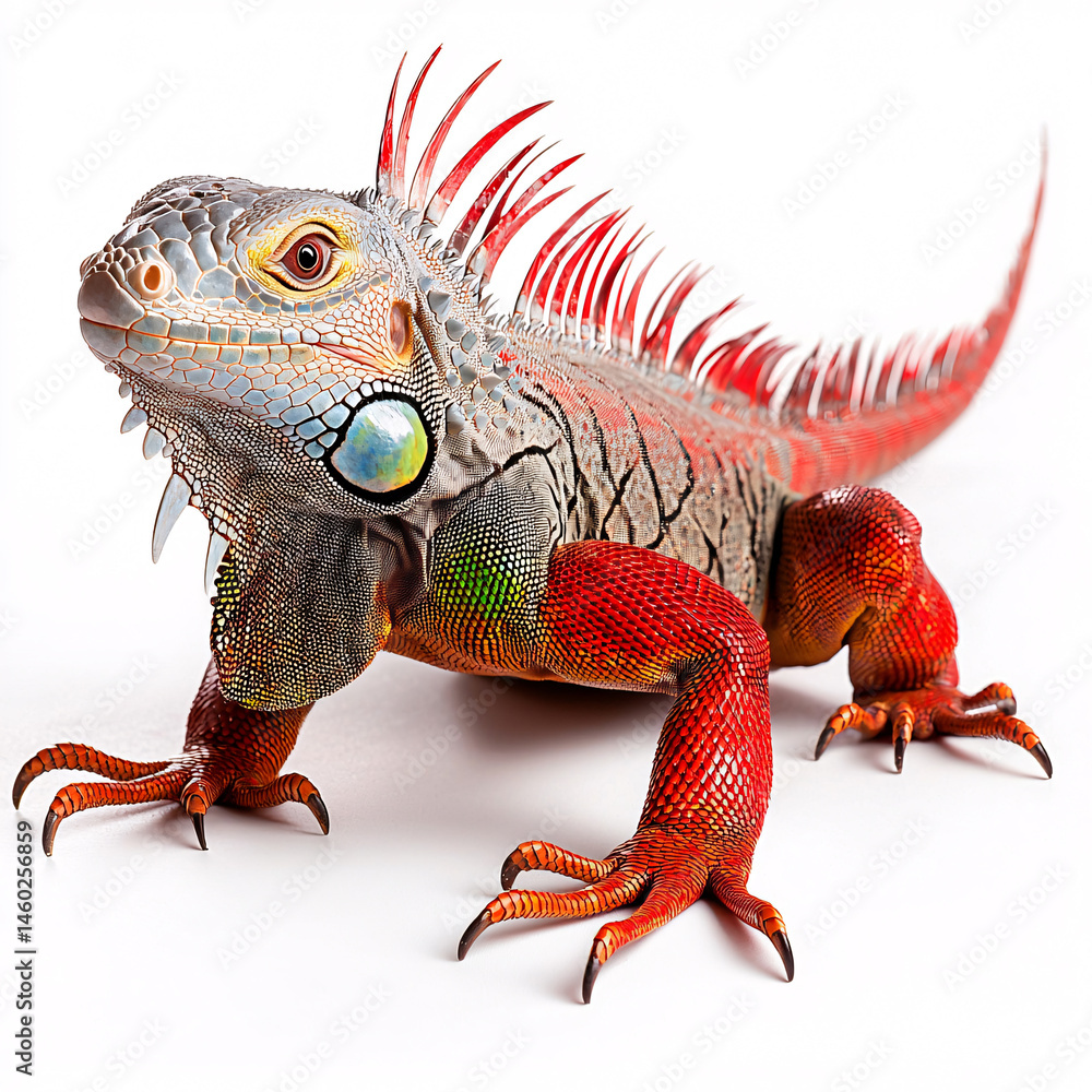 Obraz premium A vibrant red iguana displays its unique patterned skin and spiky against a clean white background image.