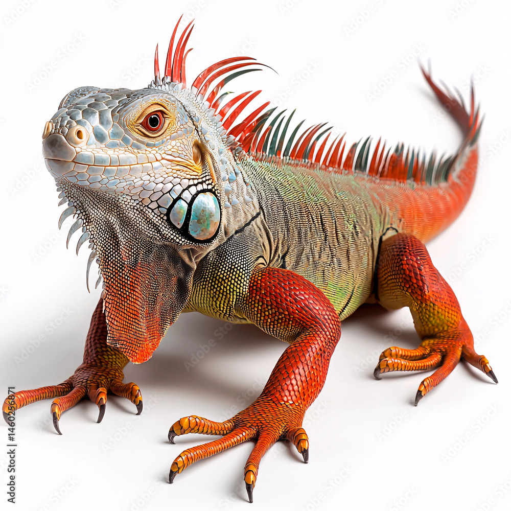 Naklejka premium A colorful iguana with red spikes poses against a stark white backdrop in a studio setting looking vibrant.