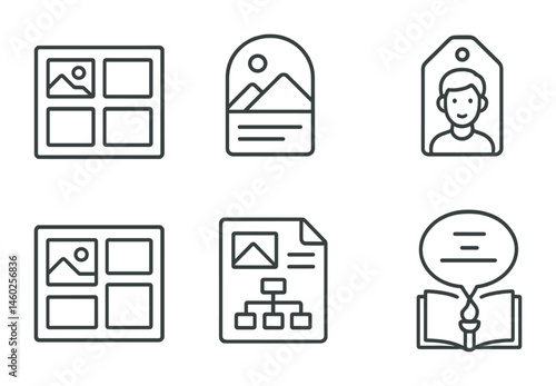 Line style icons of visual storytelling: storyboard icon, scene layout badge, character design tag, plot outline file, visual narrative board, film script chart, scene direction bubble, storytelling