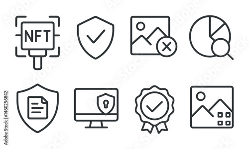 Line style icons of NFT: NFT scanner tool, asset authenticity icon, fake NFT alert, token tracker icon, contract audit badge, scam protection icon, NFT validator, asset proof icon.