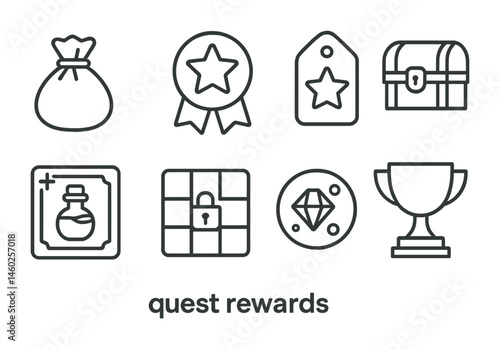 Line style icons of quest rewards: loot icon, treasure badge, prize tag, reward chest file, bonus item board, item unlock chart, collectible bubble, victory prize symbol.