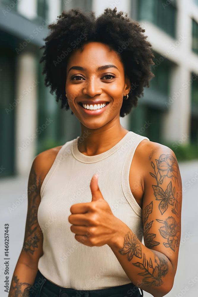 Confident gen z tattooed business woman smiling, gesturing, African American woman holding thumbs up, alternative black female model, fashion and lifestyle