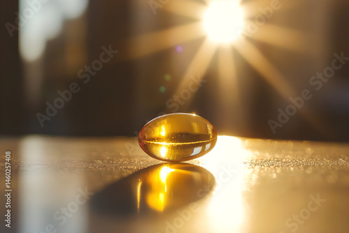 Golden Vitamin D Capsule with Sunlight Reflection on Surface
