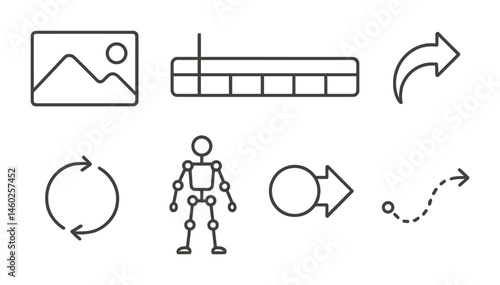 Line style icons of animation: motion frame, playhead marker, timeline bar, animated arrow, looping symbol, character rig, tweening icon, motion path.