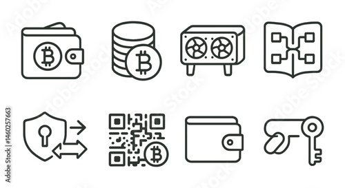 Line style icons of cryptocurrency: crypto wallet, digital coin stack, crypto mining rig, blockchain ledger, secure crypto transfer, crypto address QR code, wallet private key, public crypto address.