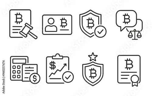 Line style icons of cryptocurrency: crypto regulations, KYC crypto process, AML compliance icon, crypto legal advice, taxed crypto earnings, reporting crypto gains, regulated exchange badge, license
