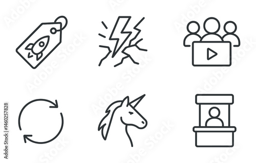 Line style icons of startups: startup brand tag, creative disruption symbol, minimal UI wireframe, test audience icon, fast iteration arrows, future unicorn icon, scalability map, demo booth icon.