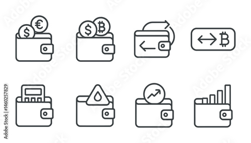 Line style icons of wallets: multi-currency wallet, wallet with dollar and bitcoin signs, wallet currency exchange icon, swap crypto button, wallet fee calculator, wallet gas fee alert, wallet market