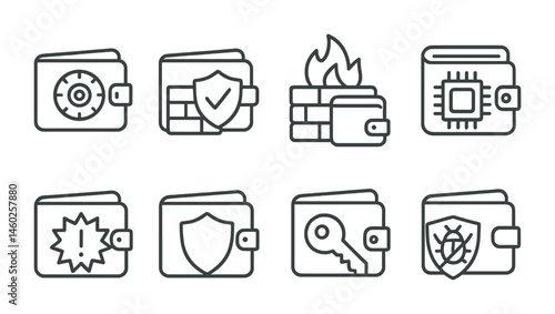 Line style icons of wallets: wallet with vault lock, fortified wallet security, wallet firewall icon, hardware security module wallet, wallet intrusion detection, wallet shield icon, secure key