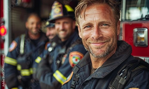 Firefighters in a firetruck, focused on a smiling leader.