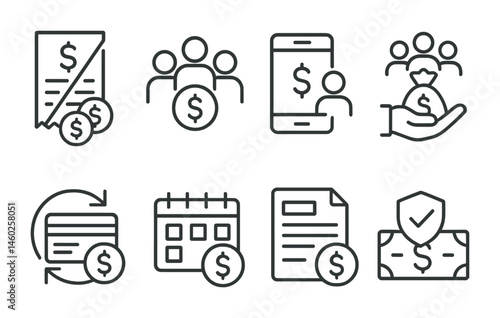 Line style icons of transactions: split bill transaction, group payment icon, shared expense transaction, crowdfunding transaction icon, subscription payment transaction, installment payment schedule