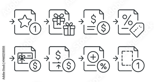 Line style icons of transactions: loyalty points transaction, reward redemption transaction, cashback transaction icon, discount voucher redemption, gift card payment transaction, promotional credit
