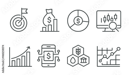 Line style icons of investments: long horizon target, funding milestone, equity breakdown pie, stock pattern scanner, portfolio analysis chart, digital fund explorer, alternative investments, stock