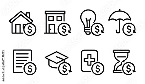 Line style icons of transactions: mortgage payment transaction, rent payment transaction, utility bill transaction, insurance premium transaction, tax payment transaction, tuition payment transaction