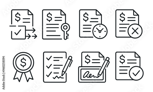 Line style icons of transactions: transaction approval workflow, transaction authorization key, approval pending icon, rejected transaction stamp, approved payment badge, reviewer checklist icon,